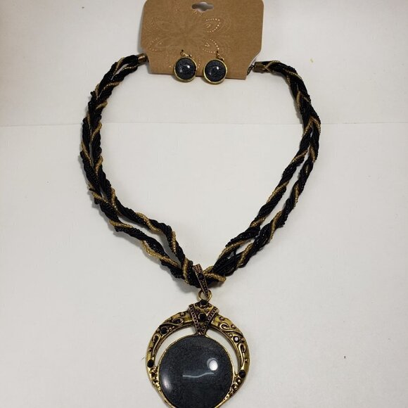 Women’s Statement Layered Gold Beaded Necklace Set – Circle Pendant + Earrings - Picture 7 of 12